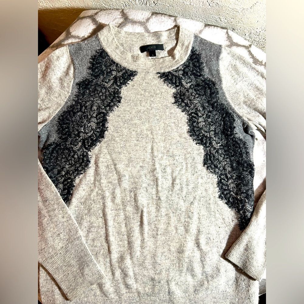 J Crew Chic Gray Sweater with Black Lace Detail